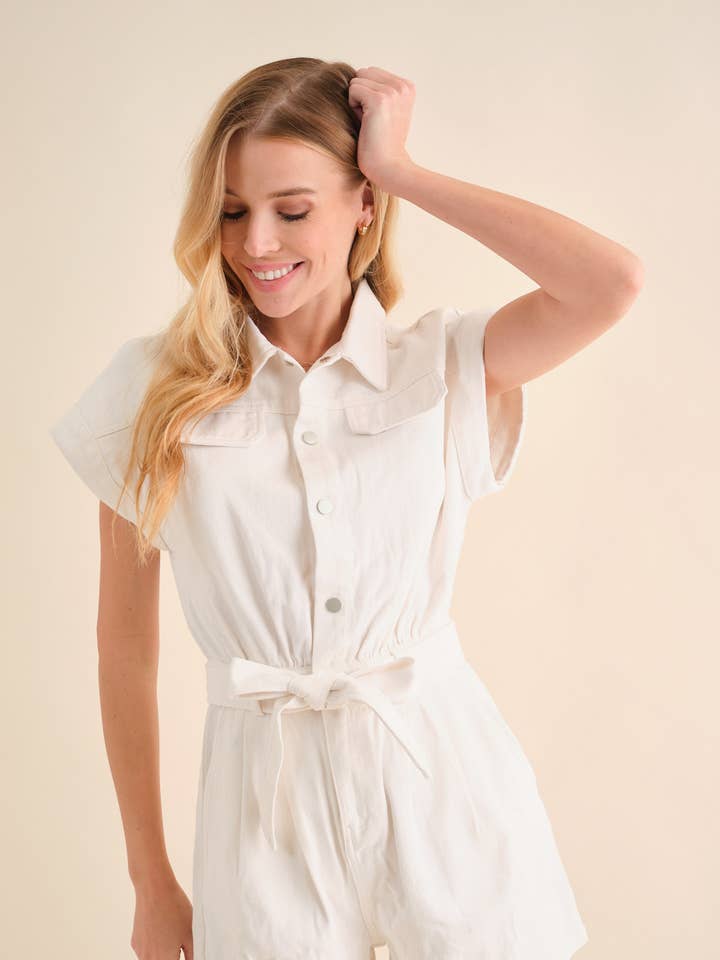 22547R - Twill Cotton Pocket Front Waist Tie Romper for wholesale by Blue B