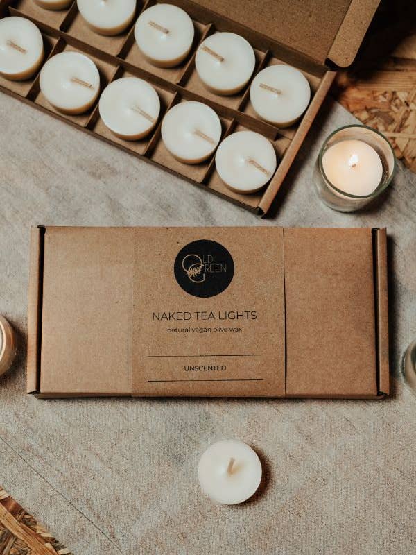 Box of 10 Unscented Natural Tealights - 40 hour burn time for wholesale by Old Green