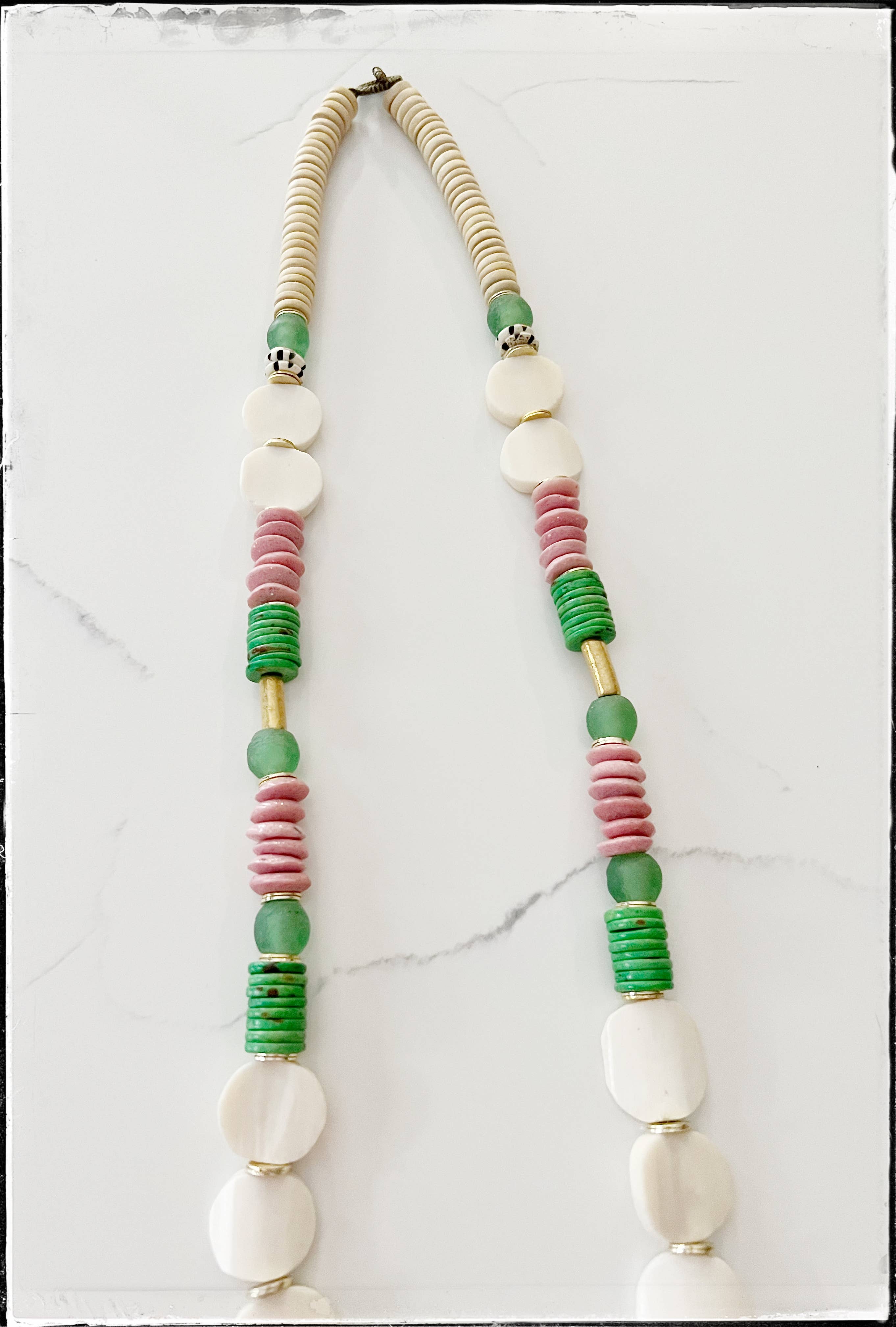 GentrybyJenna - Wholesale Beaded/Pearl Necklace - Bone, Glass & Coconut Wood Bead Necklace- Green Colorblock1