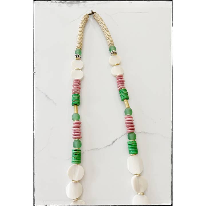 GentrybyJenna - Wholesale Beaded/Pearl Necklace - Bone, Glass & Coconut Wood Bead Necklace- Green Colorblock1