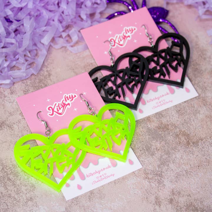 Spooky Bitch Earrings Laser Cut Acrylic - Sparkly Purple for wholesale by Kitschy