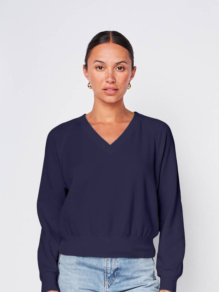 Softest Fleece Raglan V-Neck Pullover in New Navy for wholesale by Stateside