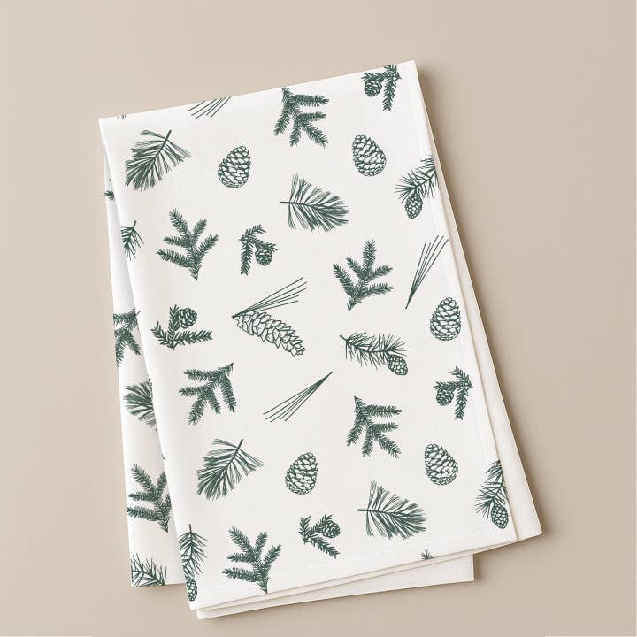 Pine Cones + Needles Tea Towel | Woodsy Kitchen Towel for wholesale by Reclaimed Maine Co.