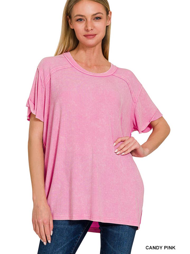 42POPS - Wholesale Knit Top - Women's - `.Washed Ribbed Short Sleeve Boat Neck Top19