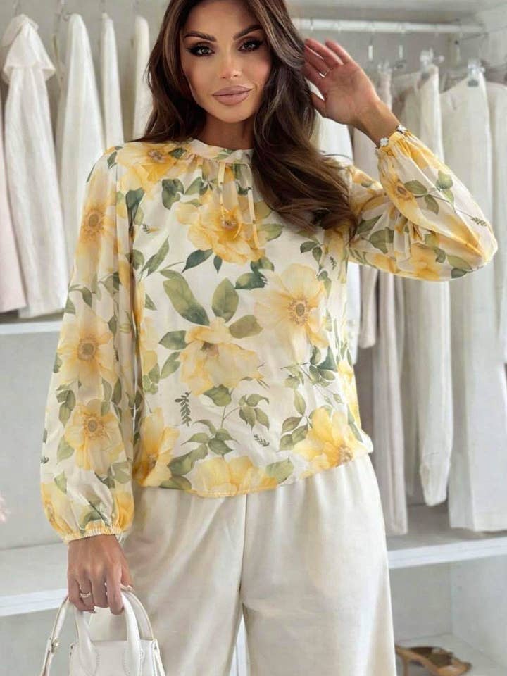 Edwina Floral High Neck Tie-Back Chiffon Blouse Top-Yellow for wholesale by Catwalk Wholesale