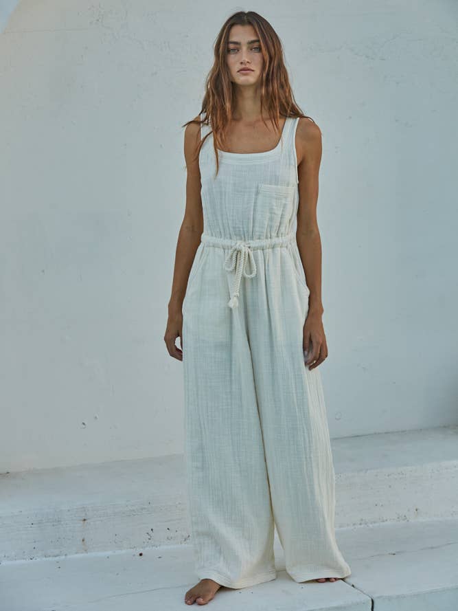 Ivory L7046 | Cotton Scoop Neck Sleeveless Wide Leg Jumpsuit for wholesale on Faire