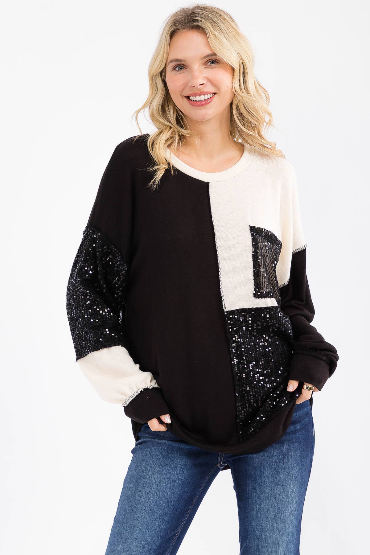 7th Ray – Sweatshirt - Mulher por atacado – Top de Manga Comprida com Bolso Patchwork de Lantejoulas T606017