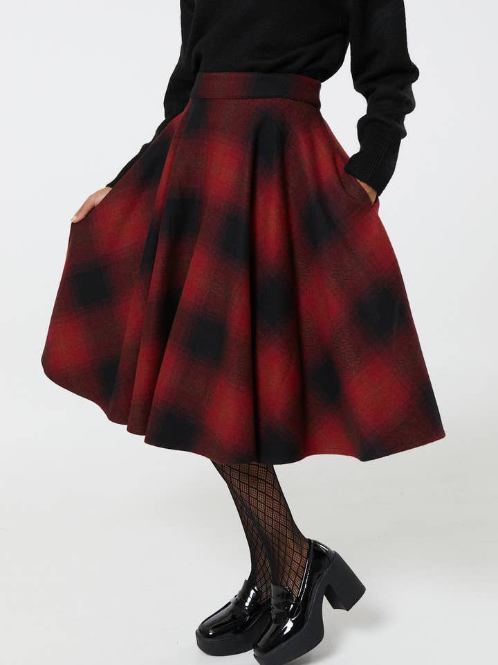 Timeless London - Venta al por mayor Falda - Mujer - Falda midi de tartán a cuadros roja y negra de lana Sophie.