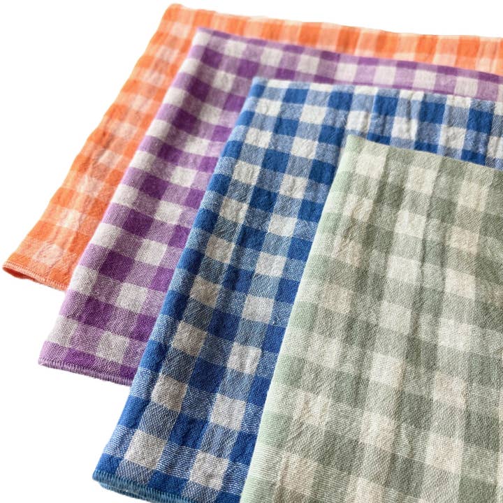 CHARMY - Wholesale Dinner & cloth napkin - Set of 4 Double Cotton Gauze Napkins – Azure Gingham, violet, clementine, and gray-green – 40x40cm2