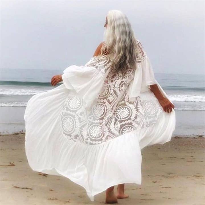 White Lace Crochet Beach Cover-Up Kimono for wholesale by PEACH ACCESSORIES