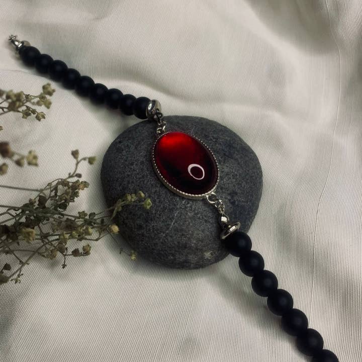 Red Gemstone & Black Lava Stone Bracelet for Men Handmade for wholesale by Hadi Craft