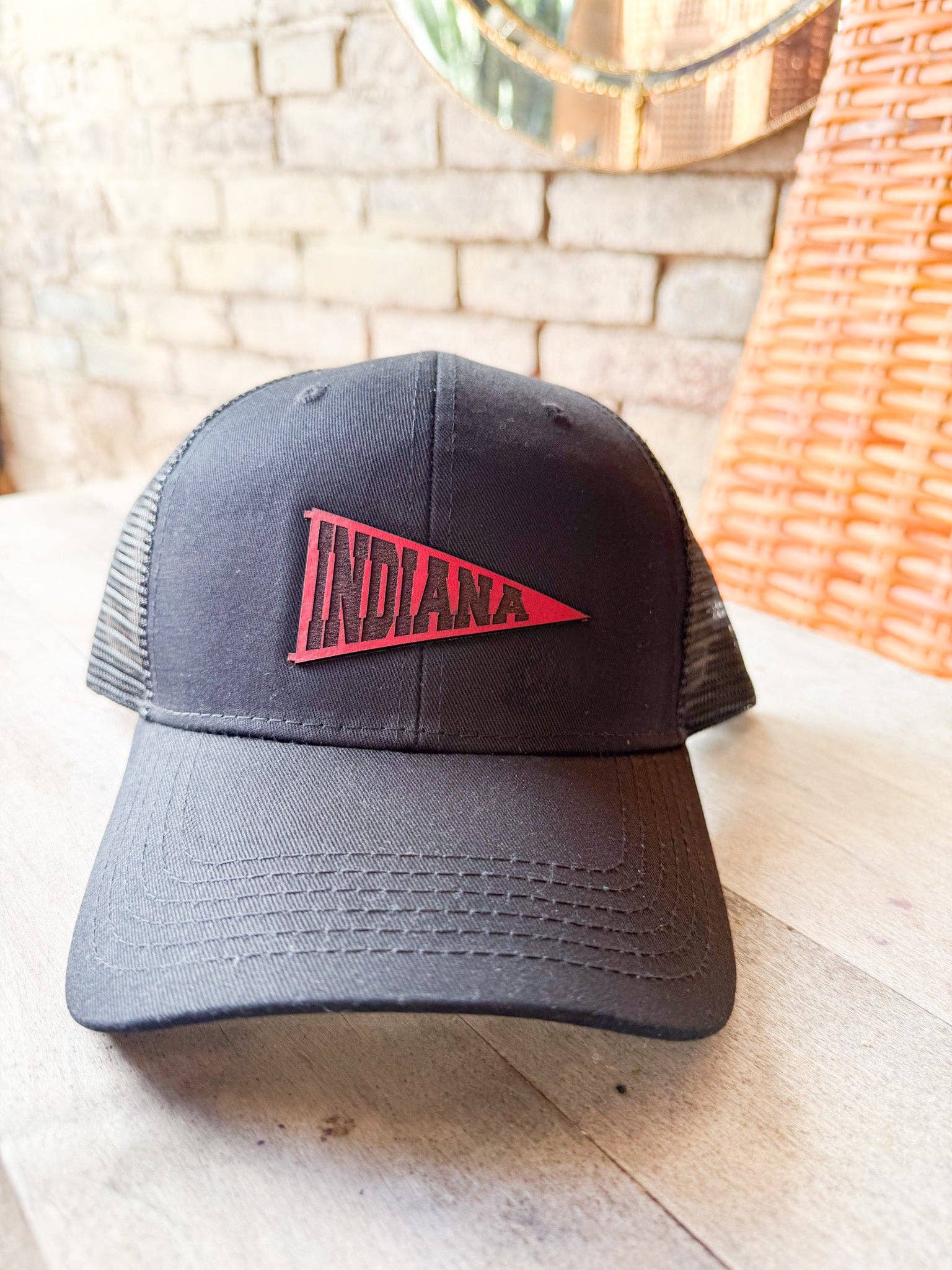 Left Grain - Wholesale Baseball Cap - Women's - Indiana Pennant Leather Patch Hat on Charcoal Dad Hat4