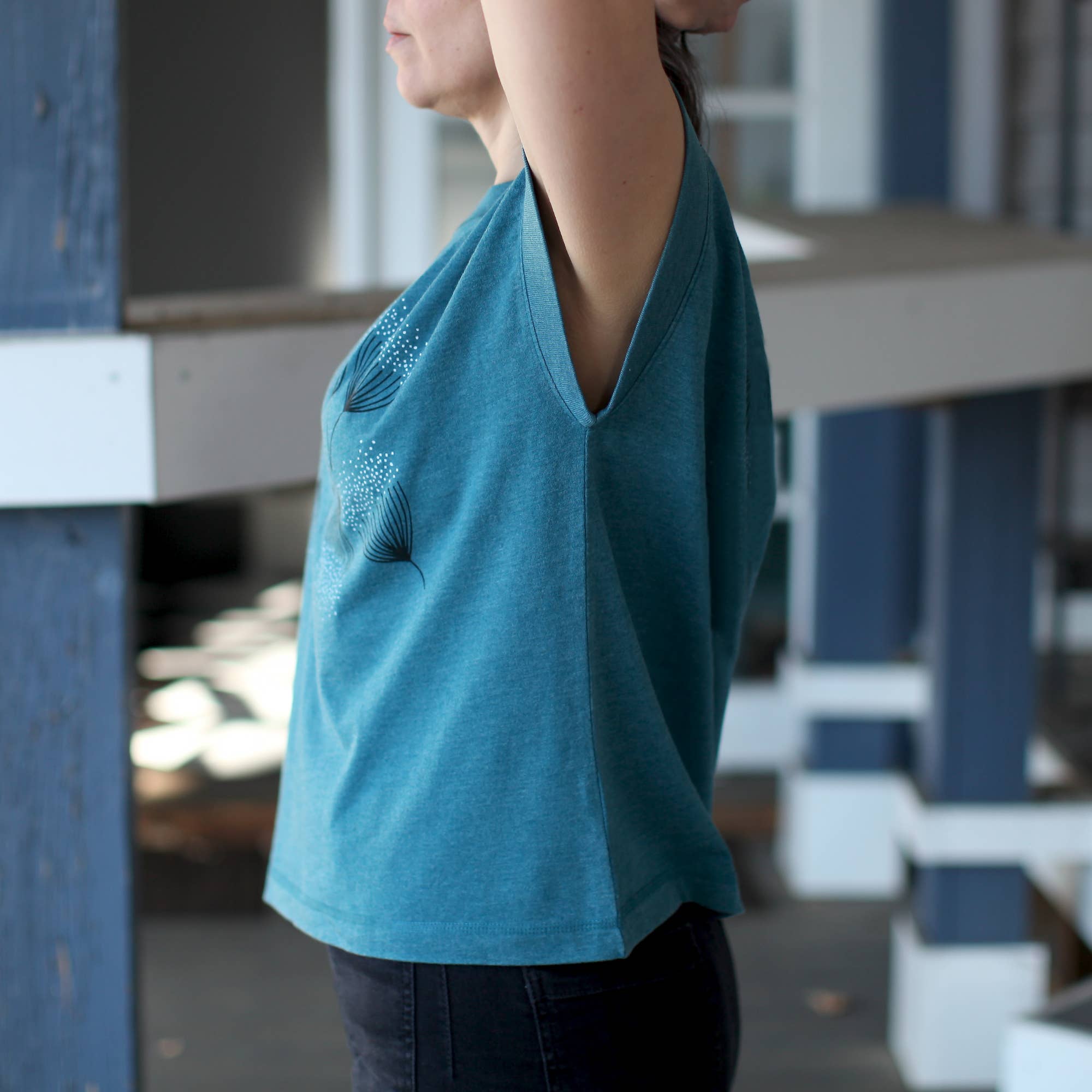 Blackbird Supply Co. - Wholesale Screen Printed T-Shirt - Women's - Eucalyptus Flowers Loose Fit Boxy Cap Sleeve Tee Deep Teal 4