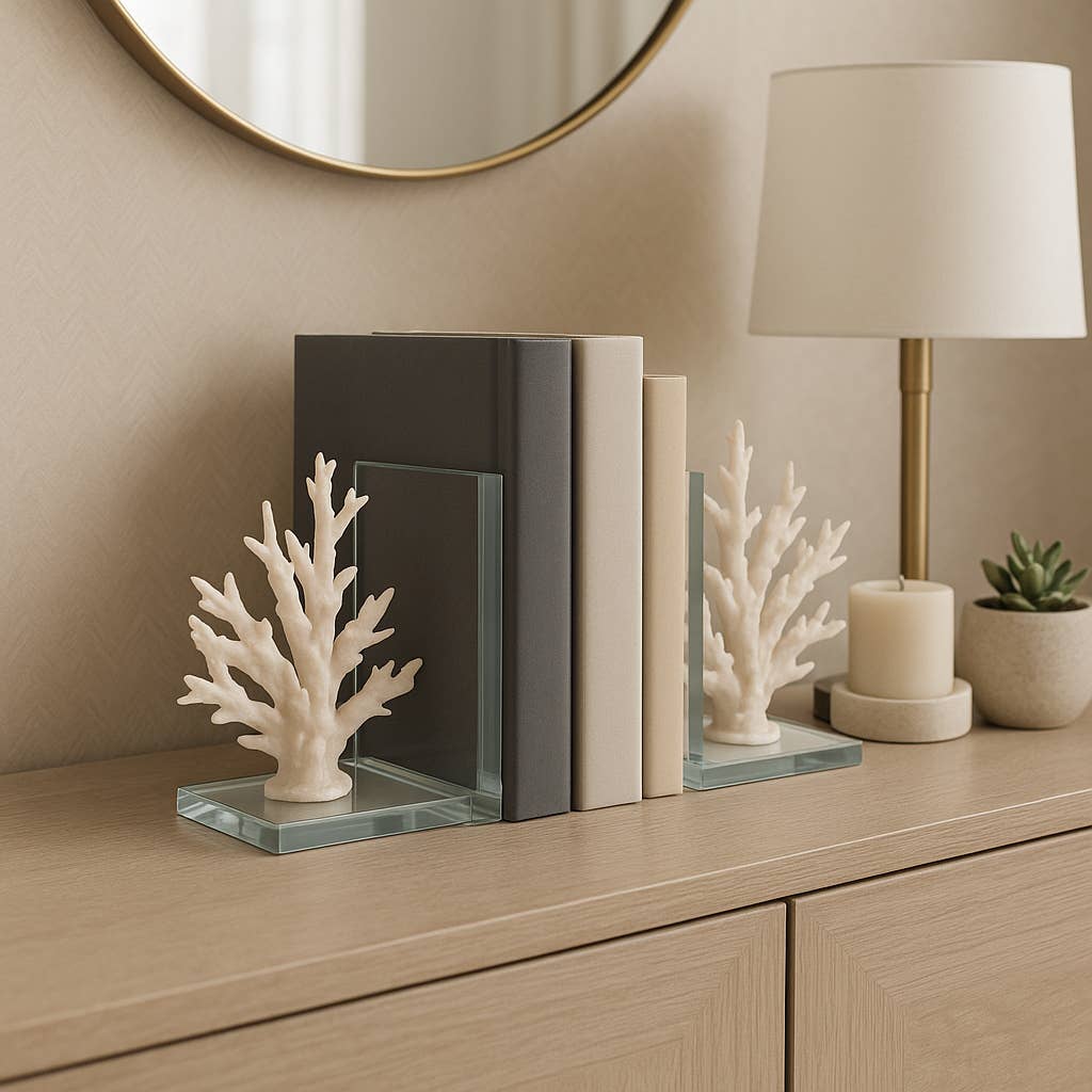 Sagebrook Home - Wholesale Bookend - Bookends Set of 2 - White Resin Coral on Glass, 7 in.2