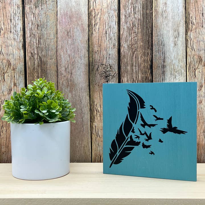 Feathered Birds Reclaimed Wood Block for wholesale by Running Blynd