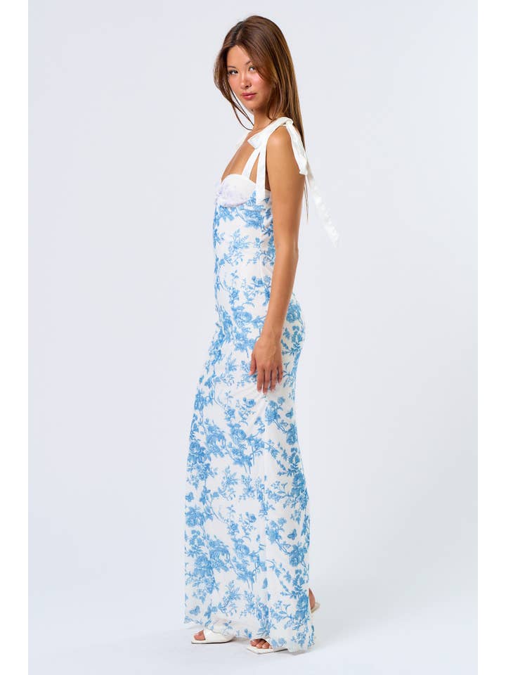 Blue IBD32879-1 Floral Printed Maxi Dress with Shoulder Tie for wholesale on Faire