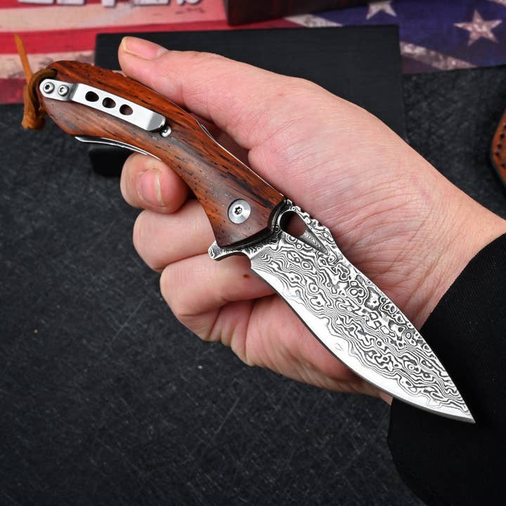 Shokunin USA - Wholesale Pocket Knife/Holder - Damascus Steel Pocket Knife With Engraved Meteor Design