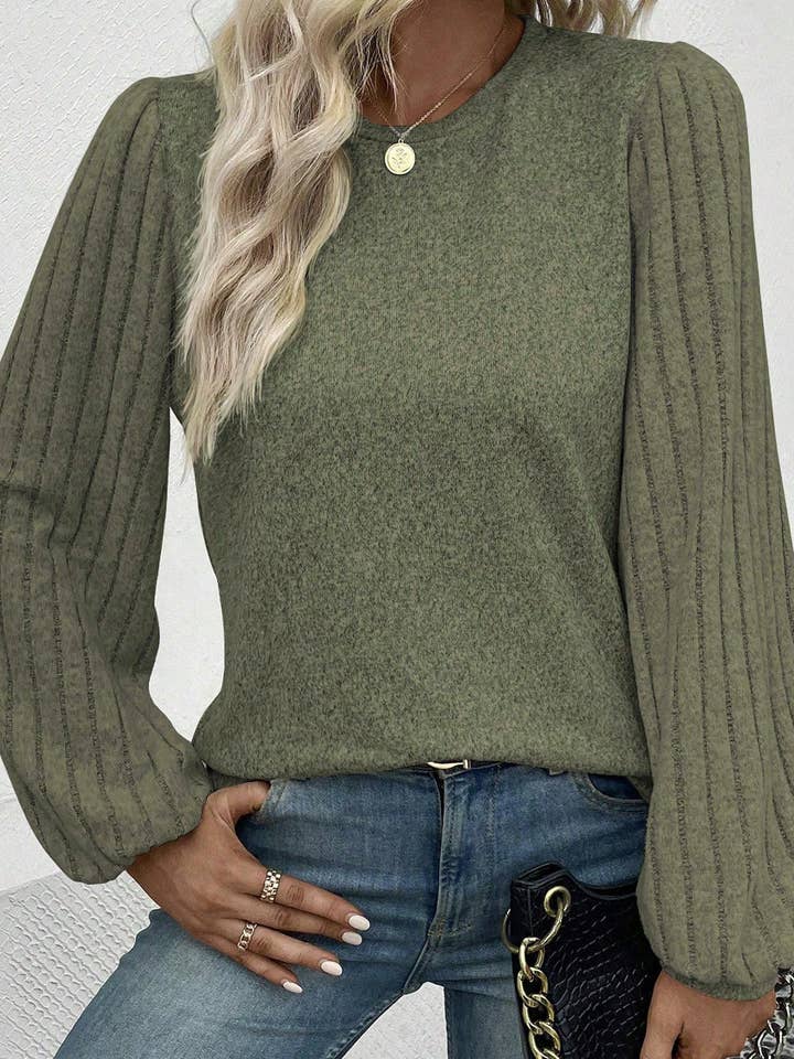 Jungle Green Contrast Ribbed Bishop Sleeve Top for wholesale on Faire