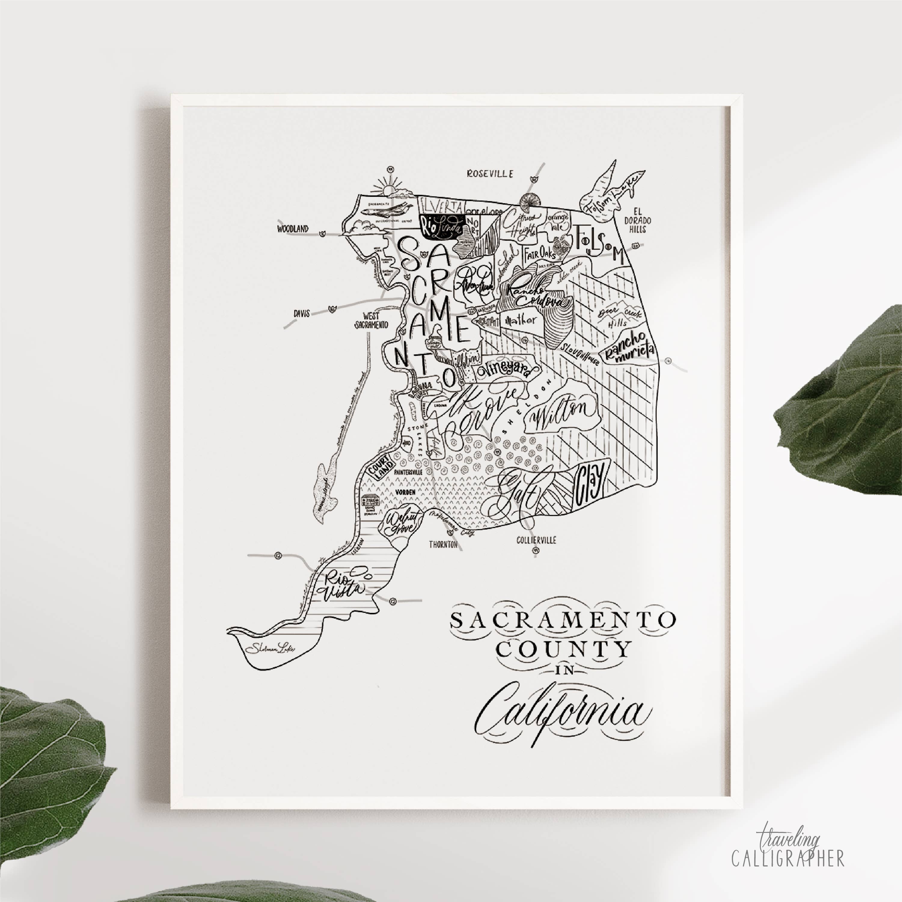 Traveling Calligrapher - Wholesale Art Print - Sacramento County, CA Neighborhood Map Print (3 sizes)0