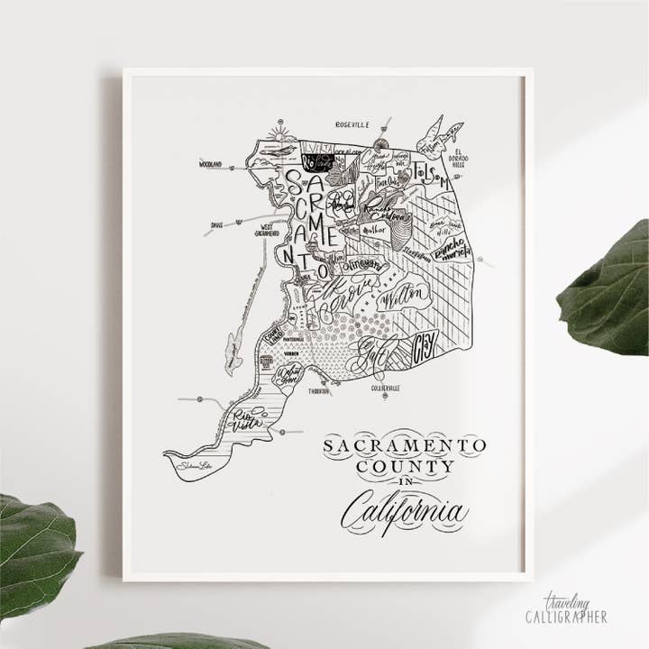 Traveling Calligrapher - Wholesale Art Print - Sacramento County, CA Neighborhood Map Print (3 sizes)0