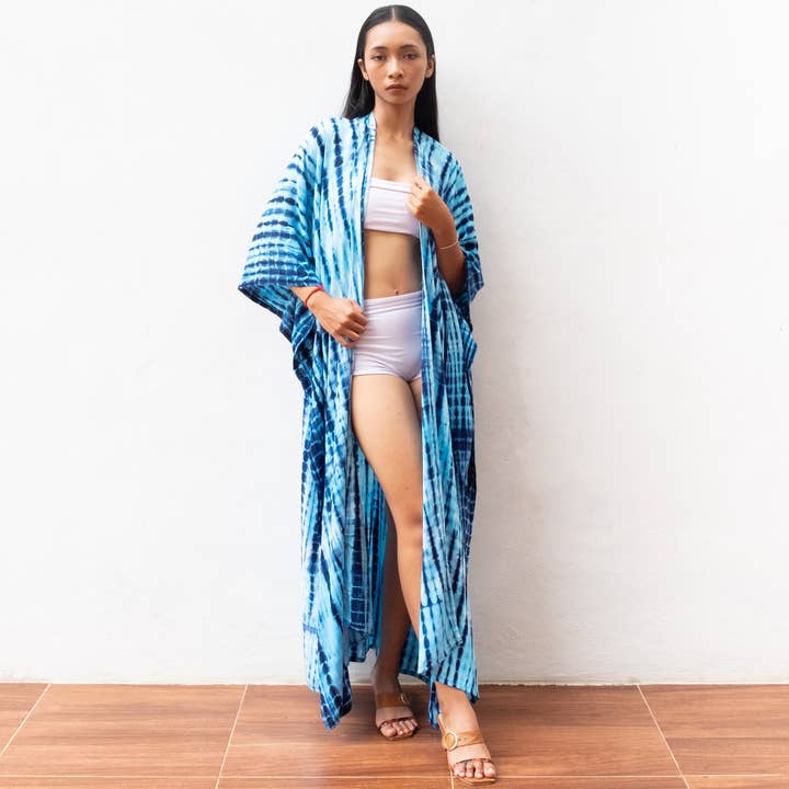 Tie Dye Kimono Cover Up (Ocean Blue) - Bikini Beach Robe for wholesale by Bali Harvest