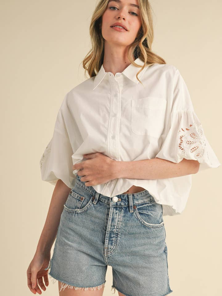 &MERCI - Wholesale Button Down Shirt - Women's - CUT OUT EMBROIDERED BUBBLE SLEEVE TOP MTP3835