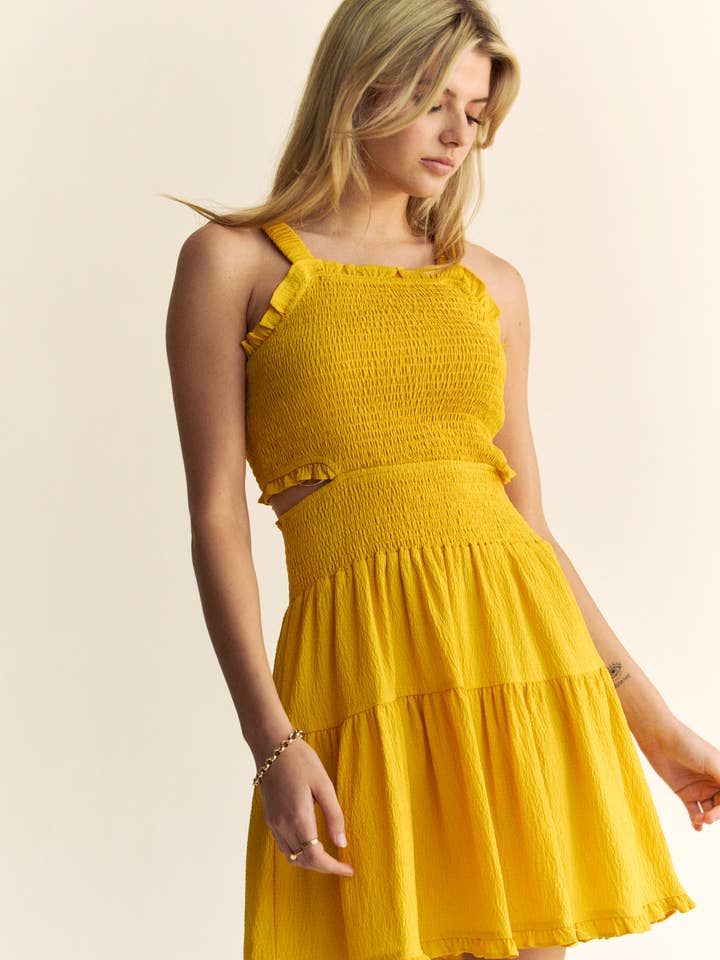 TEXTURED OPEN BACK SMOCKING CUT OUT MINI DRESS for wholesale by Davi & Dani