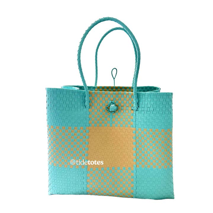 Elemental Coast Dune – Grid Tote In Aqua & Sand for wholesale by Pure Di Casa