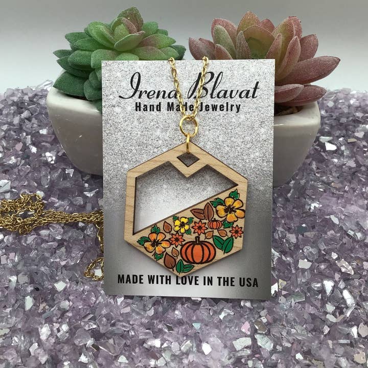 Pumpkin Fall Drop Pendant on 30" Yellow Chain for wholesale by Irena Blavat Designs