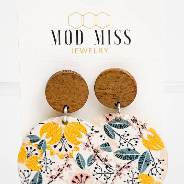 Cork+Leather Round Earring "Yellow Fantasy" for wholesale by The Mod Miss