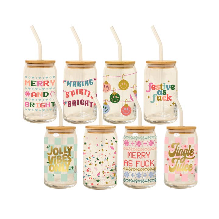 Talking Out of Turn - Wholesale Drinking Glass/Cup - Holiday Can Glass w/Lid + Straw4