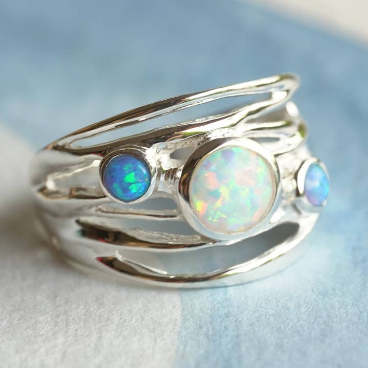 Handmade Trio of Opalites Sterling Silver Ring for wholesale by Banyan Jewellery