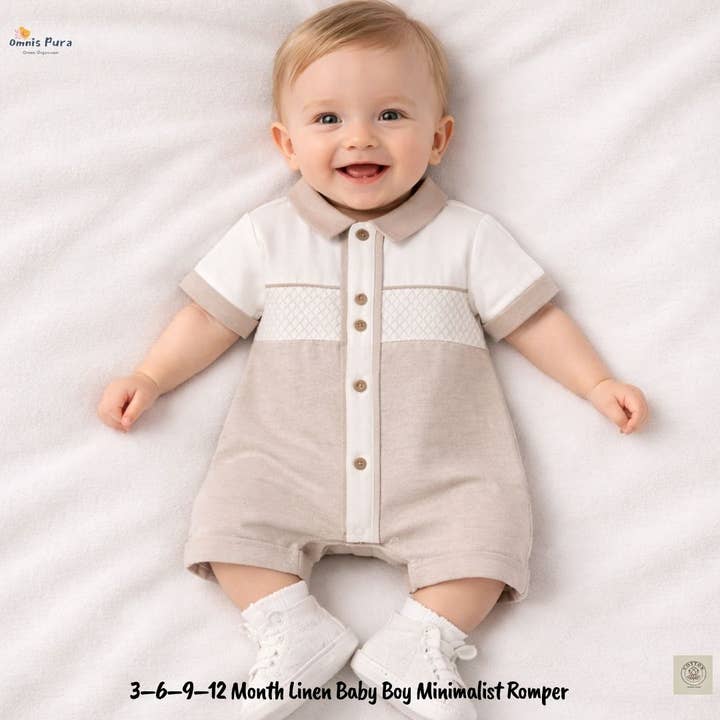 3–6–9–12 Month Linen Baby Boy Minimalist Romper for wholesale by Omnis Pura