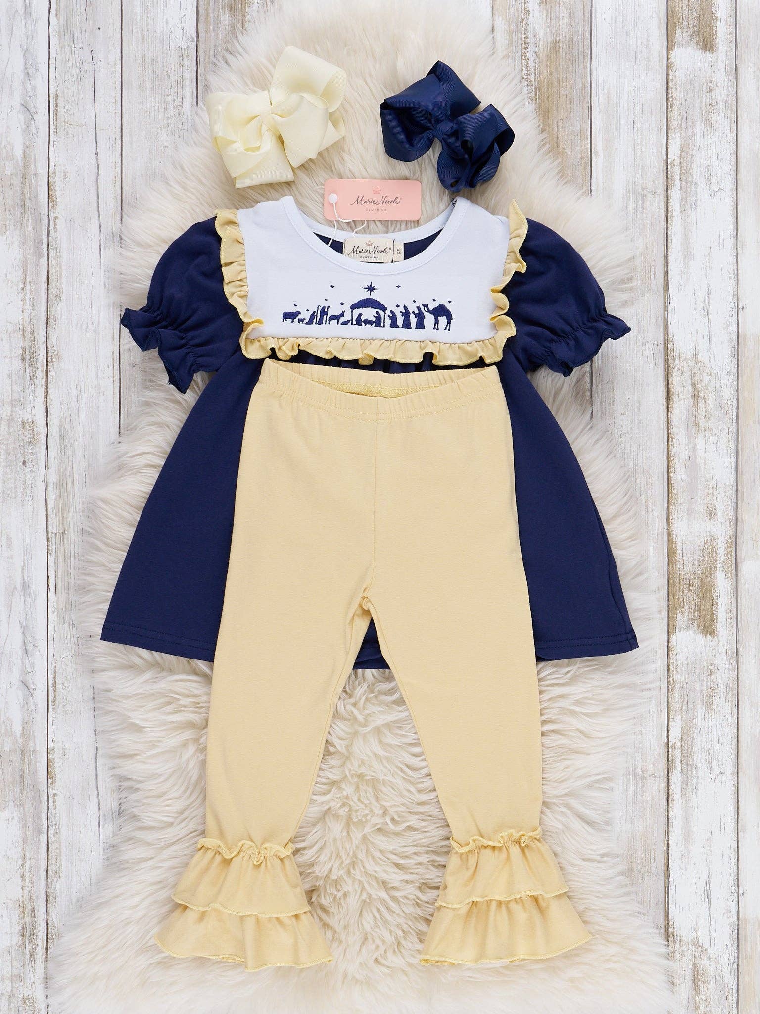 Marie Nicole Clothing - Wholesale Top & Leggings Set - Kids - Nativity Embroidered Ruffle Outfit2