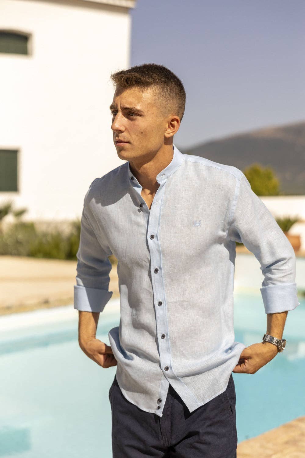 Custi Mikelo: Men's Clothing & Christmas Gifts - Wholesale Button Down Shirt - Men's - Mao Light Blue Linen Shirt | Mallorca0