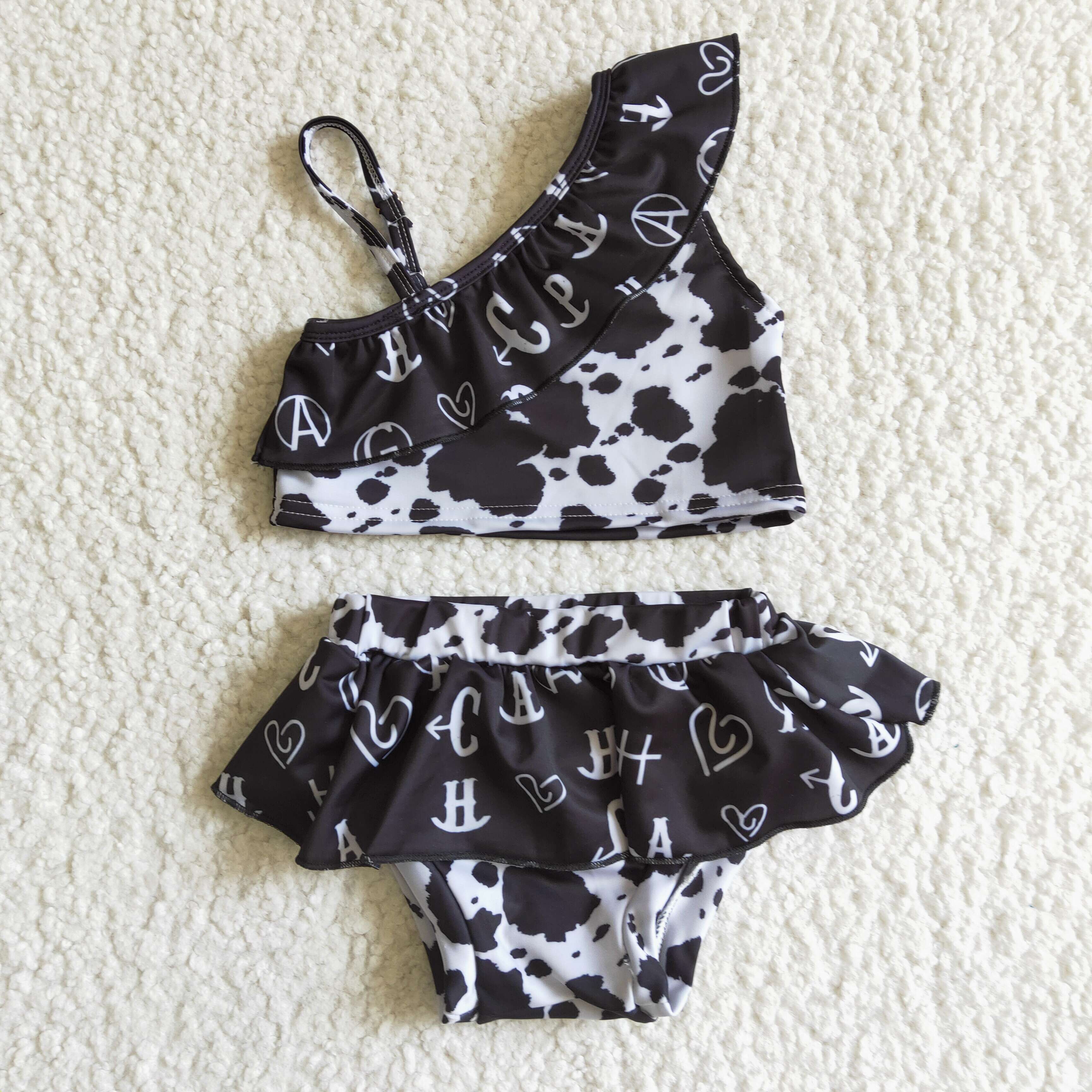 Yawoo Garments - Wholesale Two Piece Swimsuit - Kids - Letters cow print baby girls ruffle swimsuit0