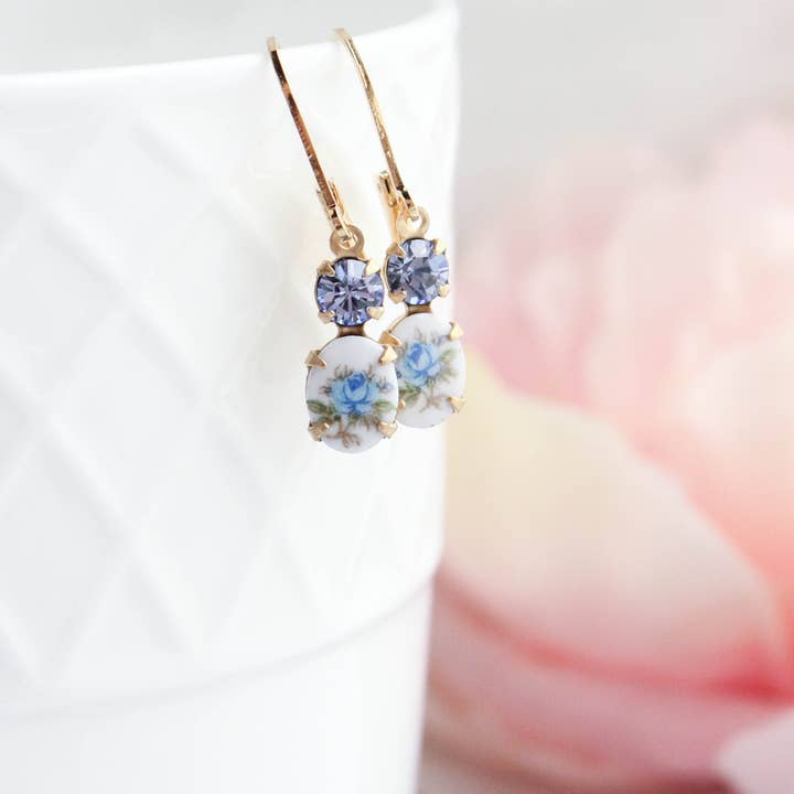A Pocket of Posies - Wholesale Dangle Earrings - Little Blue Rose Cameo Earrings - Vintage Glass