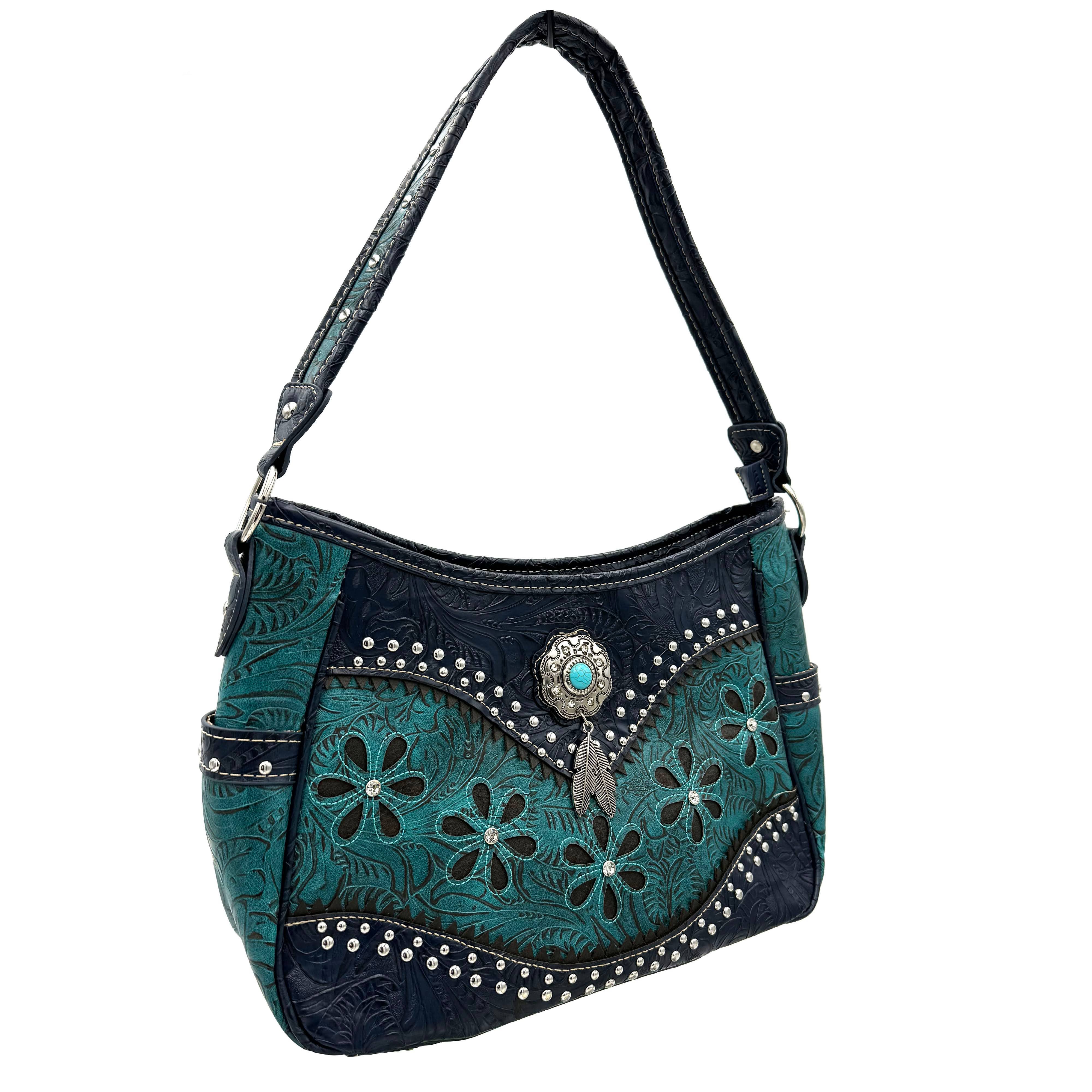 Lunar Deer – Bolsa de ombro – Mulher por atacado – Bolsa Bessie Turquesa com Concho e Pena Estilo Western Hobo8