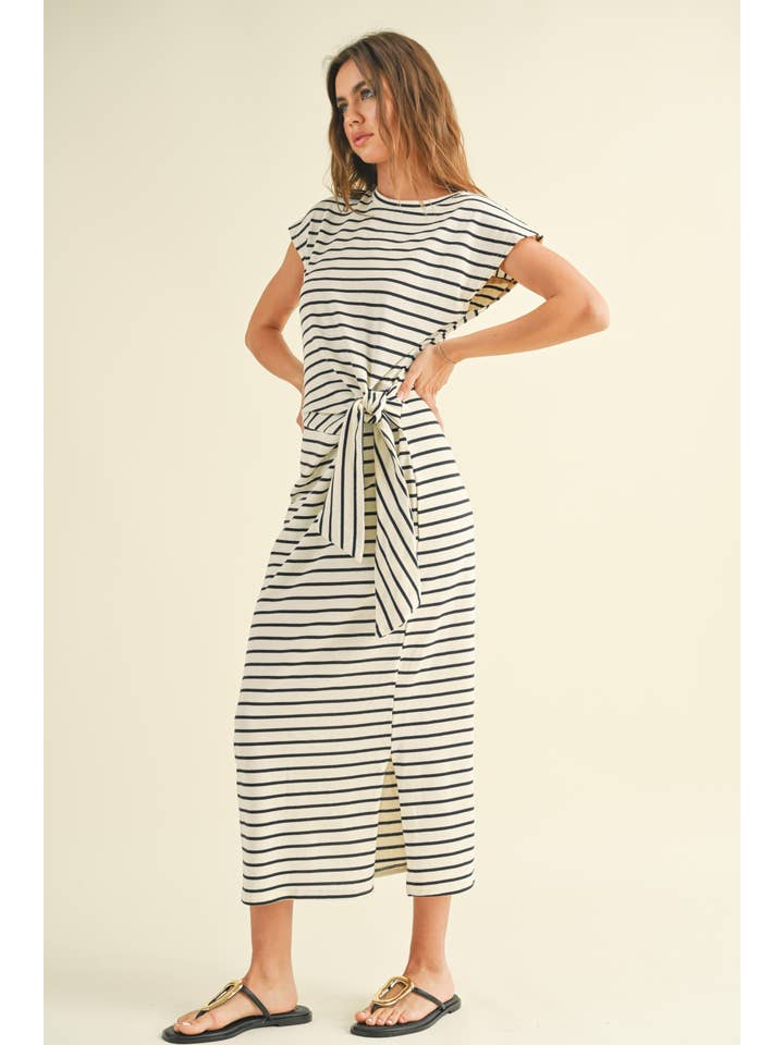 MIOU MUSE - Wholesale Dress - Women's - D3620 STRIPE PATTERN KNOT DETAIL DRESS