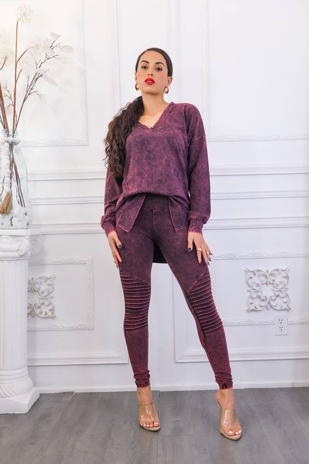 SurelyMine - Venta al por mayor Conjuntos de top y pantalón (NO para estar en casa) - Mujer - Conjunto de camiseta de manga larga y leggins con el lema Mineral Wash13