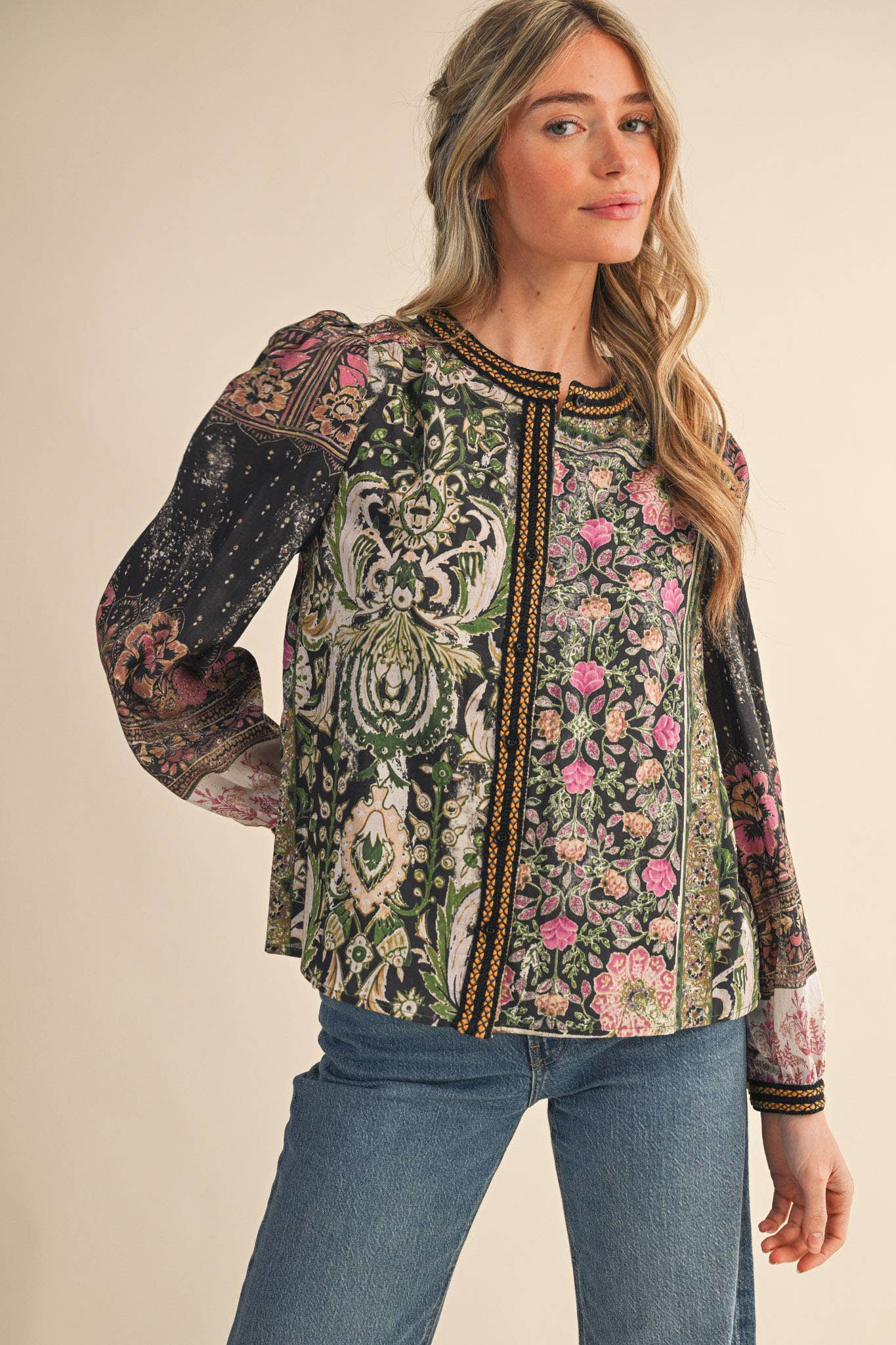 &MERCI - Wholesale Button Down Shirt - Women's - PATCHWORK PRINT CROCHET TRIM BUTTON DOWN TOP MTP438211