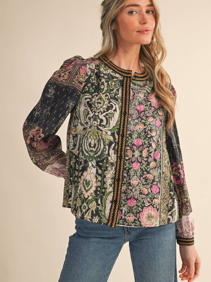 &MERCI - Wholesale Button Down Shirt - Women's - PATCHWORK PRINT CROCHET TRIM BUTTON DOWN TOP MTP438211