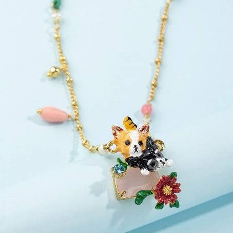 Chihuahua Hand-painted Enamel Red Pollen Gemstone Gold Plated Necklace for wholesale by Exsito