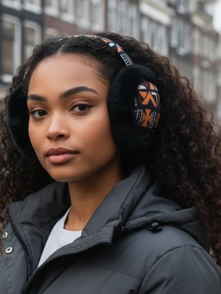 Orejeras de Estampado Africano - Calentadores de Oídos Plegables para Invierno - Bogolan Marrón Cruzado para venta al por mayor de AfricanFabs