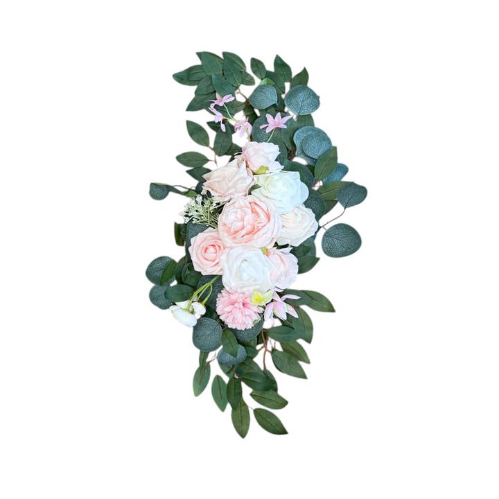 Sun Decorer – wholesale Konstgjorda blommor – Bröllopsbåge Blomstersväng Set – 2-delad konstgjord blomsterarrangemang med rosa & vita rosor, eukalyptus – Elegant evenemangsdekor