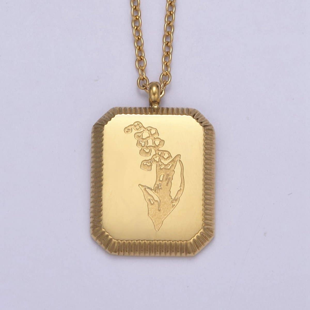 Aim Eternal - Wholesale Pendant/Charm Necklace - Gold Flower Tag Charm Engraved Floral Pendant Necklace with Cable Chain Necklace Wholesale Fashion Jewelry | WA-649 to WA-660 Clearance Pricing3