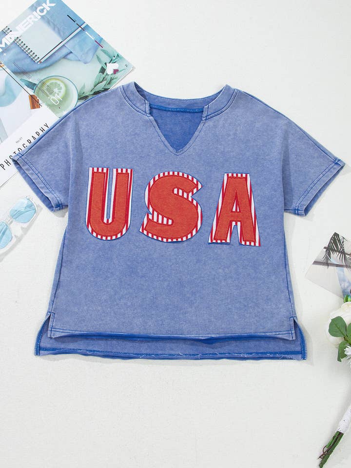 Sky Blue USA Patch Mineral Wash Notch V Neck Vintage Graphic T Shirt for wholesale on Faire
