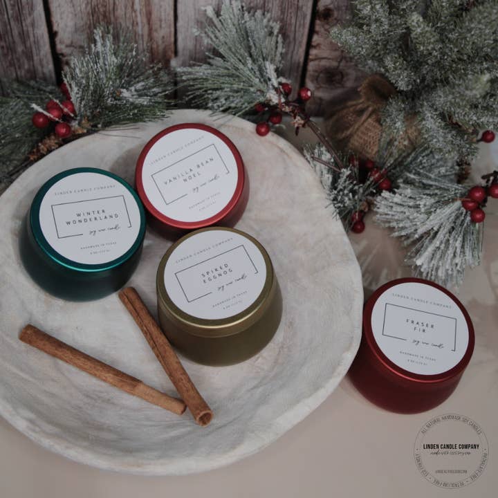 4oz Holiday Travel Tin Soy Candles | Winter | Wooden Wick for wholesale by Linden Candle Company