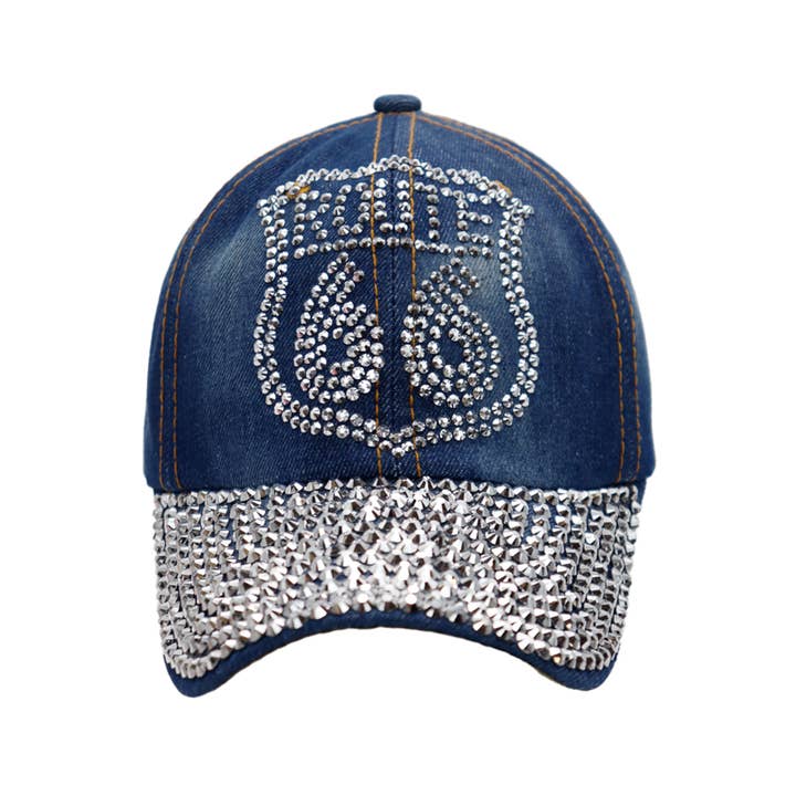 Cap Zone - Wholesale Baseball Cap - Women's - Route 66 Logo Bling Rhinestone Denim Baseball Cap