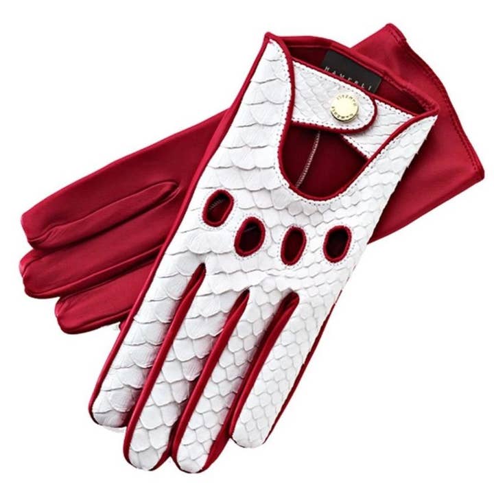 Charlotte Python Blanc Cerise leather driving gloves for wholesale by 1861 Glove Manufactory
